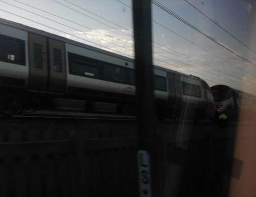 The train that has stopped on the tracks.